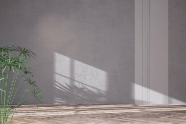 Mockup decorates wall paint background for product presentation empty room with shadows of window and palm leaves. 3d Rendering