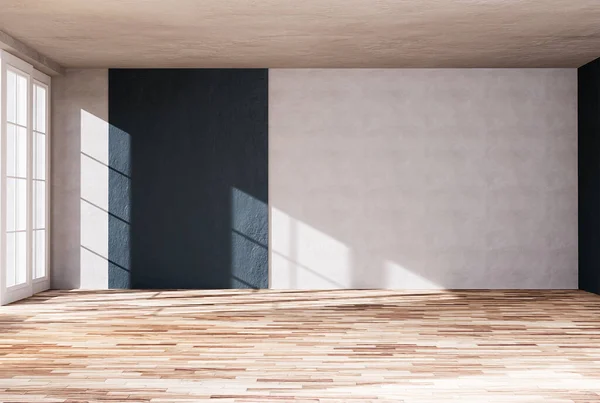 家庭内部渲染与空房间彩墙和装饰木制地板 3D渲染 — 图库照片