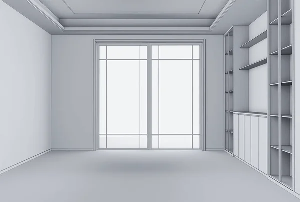 空の部屋のアウトラインスタイルでホームインテリアレンダリング 3Dレンダリング — ストック写真
