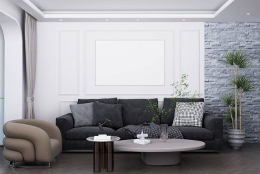 Poster çerçevesini modern iç plan, oturma odası, dekorasyonlar, İskandinav tarzı, 3D görüntüleme.