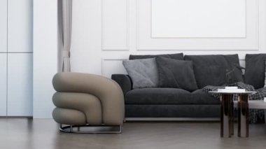 Modern interior design of furniture and fixture for living room with neutral tones furniture. moving slide slowly away from the wall. 3d animation rendering