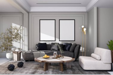 mock up poster frame in modern interior fully furnished rooms background, living room, 3D rendering