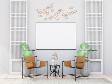 Model çerçeve, modern iç dekorasyonla döşenmiş odalar, arka plan, oturma odası, mesaj veya içerik için. 3B görüntüleme, 3B Görüntü