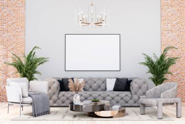 Model çerçeve, modern iç dekorasyonla döşenmiş odalar, arka plan, oturma odası, mesaj veya içerik için. İskandinav tarzı. 3B görüntüleme, 3B Görüntü