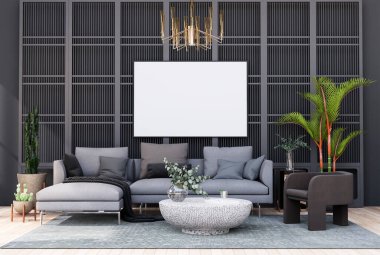 Model çerçeve, modern iç dekorasyonla döşenmiş odalar, arka plan, oturma odası, mesaj veya içerik için. 3B görüntüleme, 3B Görüntü