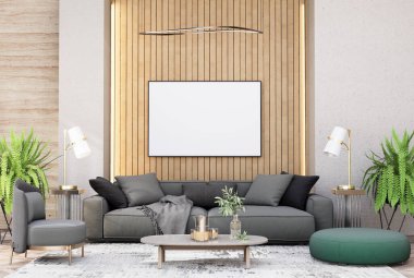 Model çerçeve, modern iç dekorasyonla döşenmiş odalar, arka plan, oturma odası, mesaj veya içerik için. 3B görüntüleme, 3B Görüntü