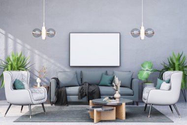 Model çerçeve, modern iç dekorasyonla döşenmiş odalar, arka plan, oturma odası, mesaj veya içerik için. 3B görüntüleme, 3B Görüntü
