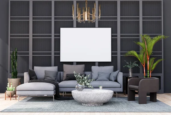 Model çerçeve, modern iç dekorasyonla döşenmiş odalar, arka plan, oturma odası, mesaj veya içerik için. 3B görüntüleme, 3B Görüntü