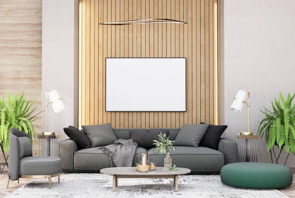 Model çerçeve, modern iç dekorasyonla döşenmiş odalar, arka plan, oturma odası, mesaj veya içerik için. 3B görüntüleme, 3B Görüntü