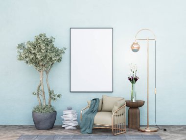 Model çerçeve, modern iç dekorasyonla döşenmiş odalar, arka plan, oturma odası, mesaj veya içerik için. 3B görüntüleme, 3B Görüntü