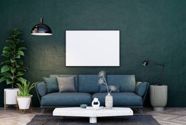 Model çerçeve, modern iç dekorasyonla döşenmiş odalar, arka plan, oturma odası, mesaj veya içerik için. 3B görüntüleme, 3B Görüntü