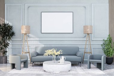 Model çerçeve, modern iç dekorasyonla döşenmiş odalar, arka plan, oturma odası, mesaj veya içerik için. 3B görüntüleme, 3B Görüntü