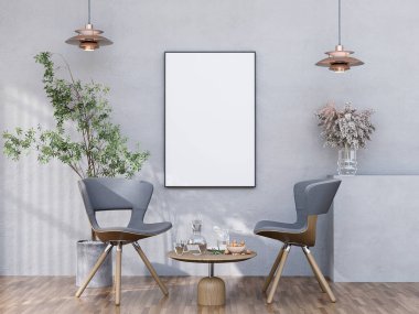Model çerçeve, modern iç dekorasyonla döşenmiş odalar, arka plan, oturma odası, mesaj veya içerik için. 3B görüntüleme, 3B Görüntü