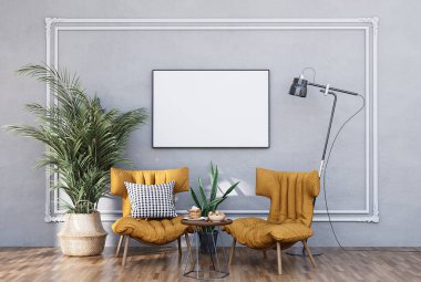 Model çerçeve, modern iç dekorasyonla döşenmiş odalar, arka plan, oturma odası, mesaj veya içerik için. 3B görüntüleme, 3B Görüntü