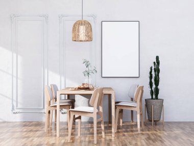 Poster çerçevesini modern iç plan, yemek odası, metin mesajı veya içerik için dekorasyonlar var. Boho şık tarzı, 3D görüntüleme, 3B Görüntü
