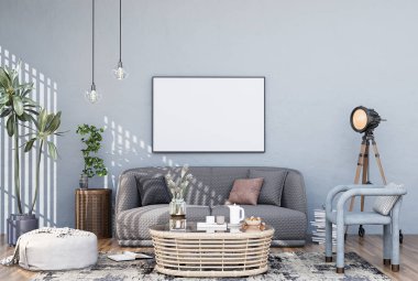Poster çerçevesini modern iç dekorasyonda tamamen döşenmiş odalar arka plan, oturma odası, İskandinav İskandinav tarzı, mesaj veya içerik için. 3B görüntüleme, 3B Görüntü