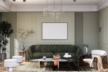 Poster çerçevesini modern iç dekorasyonda tamamen döşenmiş odalar arka plan, oturma odası, İskandinav İskandinav tarzı, mesaj veya içerik için. 3B görüntüleme, 3B Görüntü