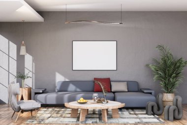 Poster çerçevesini modern iç dekorasyonda tamamen döşenmiş odalar arka plan, oturma odası, İskandinav İskandinav tarzı, mesaj veya içerik için. 3B görüntüleme, 3B Görüntü