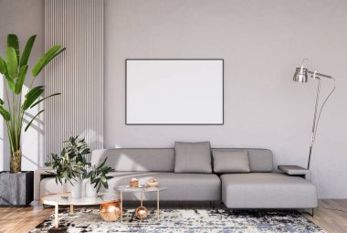 Poster çerçevesini modern iç dekorasyonda tamamen döşenmiş odalar arka plan, oturma odası, İskandinav İskandinav tarzı, mesaj veya içerik için. 3B görüntüleme, 3B Görüntü