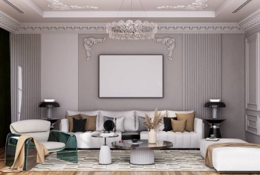 Poster çerçevesini modern iç dekorasyonda tamamen döşenmiş odalar arka plan, oturma odası, İskandinav İskandinav tarzı, mesaj veya içerik için. 3B görüntüleme, 3B Görüntü