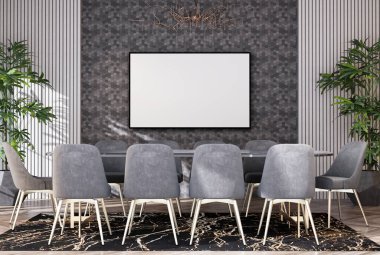 Poster çerçevesini modern iç plan, yemek odası, metin mesajı veya içerik için dekorasyonlar var. İskandinav hippi stili, 3D çizim, 3D resim