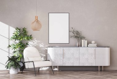Poster çerçevesini modern iç dekorasyonda tamamen döşenmiş odalar arka plan, oturma odası, İskandinav İskandinav tarzı, mesaj veya içerik için. 3B görüntüleme, 3B Görüntü