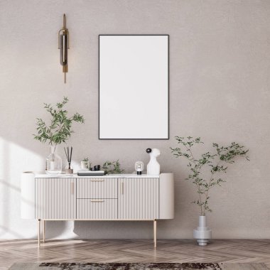 Poster çerçevesini modern iç dekorasyonda tamamen döşenmiş odalar arka plan, oturma odası, İskandinav İskandinav tarzı, mesaj veya içerik için. 3B görüntüleme, 3B Görüntü