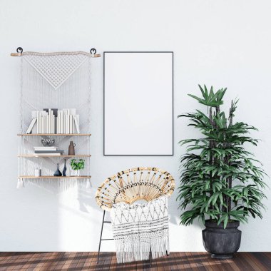 Poster çerçevesini modern iç dekorasyonda tamamen döşenmiş odaların arka planı, oturma odası, boho şık tarzı, mesaj veya içerik için. 3B görüntüleme, 3B Görüntü