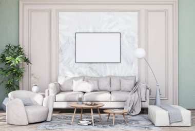 Poster çerçevesini modern iç dekorasyonda tamamen döşenmiş odalar arka plan, oturma odası, İskandinav İskandinav tarzı, mesaj veya içerik için. 3B görüntüleme, 3B Görüntü