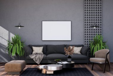 Model çerçevesini modern iç dekorasyonda tamamen döşenmiş odalar arka plan, oturma odası, Geçiş İç Tasarım Tarzı, metin mesajı veya içerik için. 3B görüntüleme, 3B Görüntü