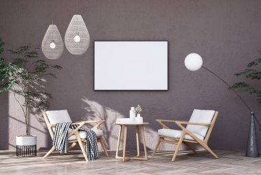 Poster çerçevesini modern iç dekorasyonda tamamen döşenmiş odalar arka plan, oturma odası, İskandinav İskandinav tarzı, mesaj veya içerik için. 3B görüntüleme, 3B Görüntü