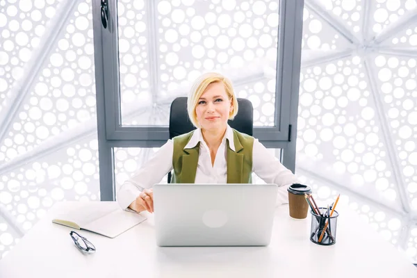 Çekici Sarışın Bayan Patron Işyerindeki Ofisinde Oturuyor Dizüstü Bilgisayar Kullanıyor — Stok fotoğraf
