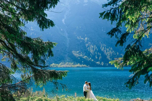 一对年轻夫妇新婚燕尔 新郎新娘亲吻 拥抱在美丽的高山背景上 蓝色的湖面 — 图库照片