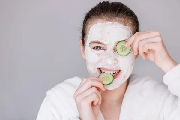 Young Beautiful Woman Facial Mask Eating Cucumber Slice Attractive Girl — Stock Photo, Image