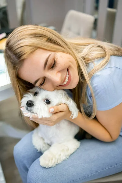 Portrait Young Woman Her Cute Maltese Dog Armchair Home Lovely — Stockfoto