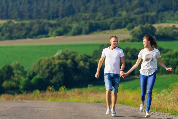 Couple Holding Hands Running Background Meadow Forest — Stok Foto