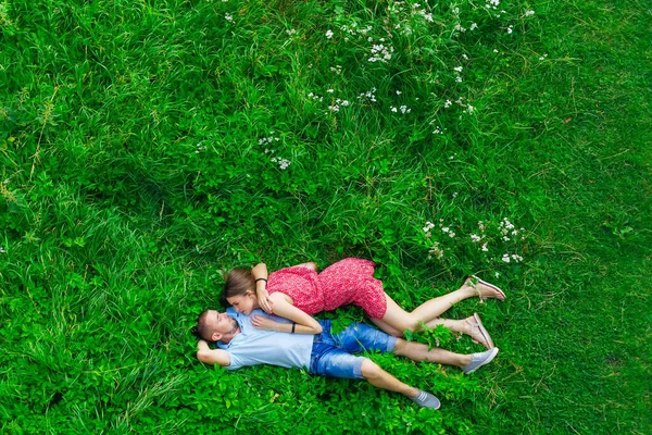 Aerial View Couple Meadow Outdoors Guy Girl Hugging Each Other — Stok fotoğraf