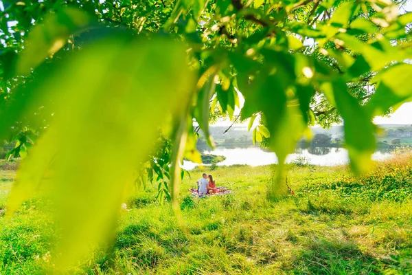 Guy Girl Sitting Blanket Lake Kissing Branches Green Leaves Foreground — Foto de Stock