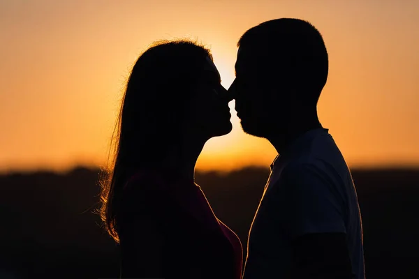 Silhouettes Couple Man Woman Nature Sunset Background Love Concept Profile — Stockfoto