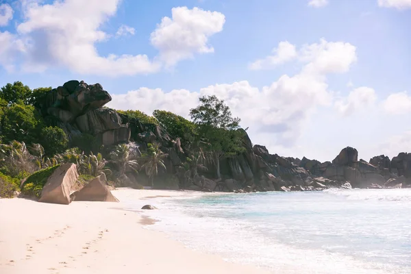 Famous Source Argent Beach Digue Island Seychelles Beautiful Palm Trees — Φωτογραφία Αρχείου