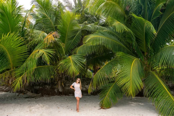 在热带岛屿上 年轻女子身穿白衣 穿着白色长裙 在靠近棕榈树的海滩上拍照 — 图库照片