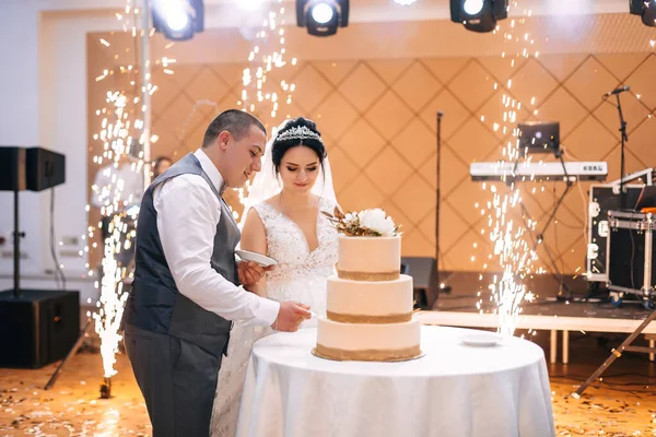 Vuurwerk Zaal Van Het Restaurant Pasgetrouwden Snijden Bruidstaart — Stockfoto