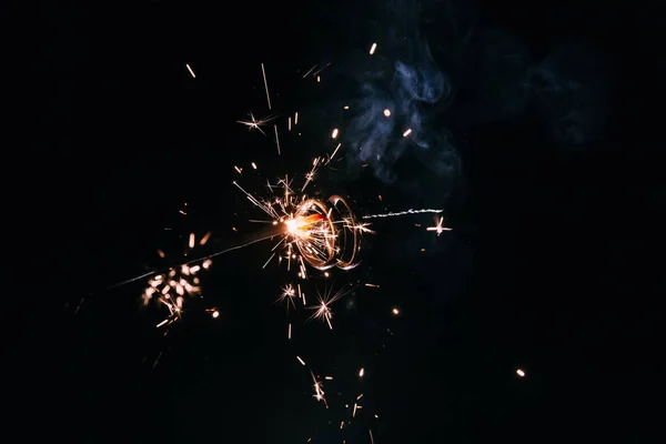 Wedding Rings Burning Bengal Light Many Sparks Blue Background — Stock Photo, Image