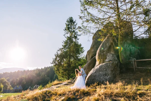 美丽的新婚夫妇在山林景观的背景下新婚燕尔 热爱旅游和极端的生活 婚礼旅行中的新郎和新娘 在山上举行的婚礼 — 图库照片