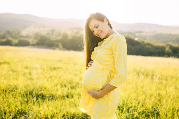 Happy Pregnant Woman Cute Dress Posing Field Outdoors Hugging Her — Foto Stock