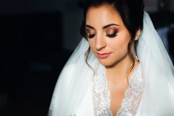 Detailní Záběr Tvář Nevěsty Krásným Make Upem Nevěsta Svatebním Závojem — Stock fotografie
