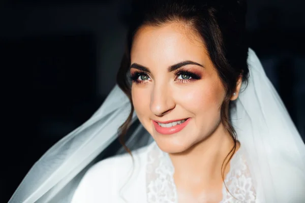 Bel Trucco Sul Viso Della Sposa Sposa Sorride Vicino — Foto Stock