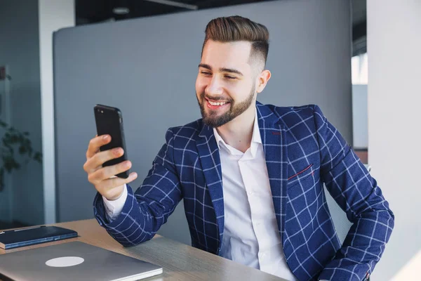 Stylish Young Handsome Businessman Having Online Video Call Office — Stok fotoğraf