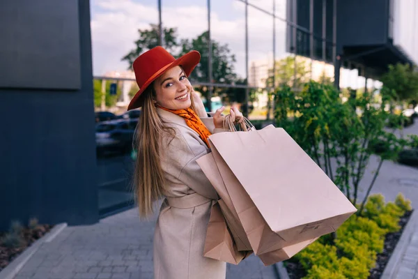 Elegant Woman Holding Shopping Bag Mall Look Camera — 图库照片