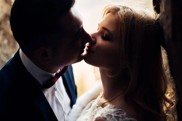 Profil Nygifta Brudgummen Kostym Med Fluga Kysser Bruden Närbild — Stockfoto